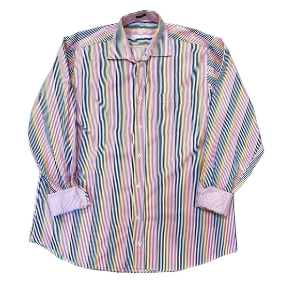 Bugatchi Uomo Men’s Dress Shirt Pink Blue Yellow Stripe Classic Fit Button Up XL - Picture 1 of 15